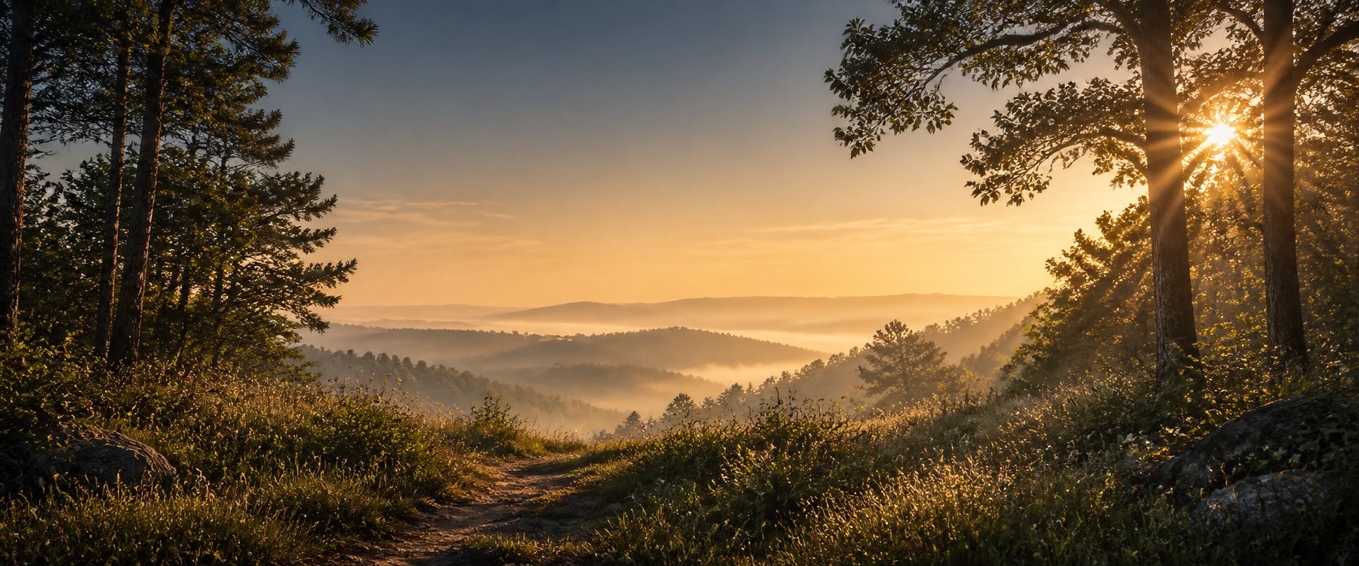 Morning sunlight reaching across a quiet Ozark ridge